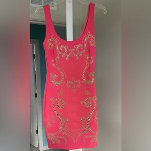 Bebe Bodycon Hot Pink Dress W/ Gold Studs- Sequin